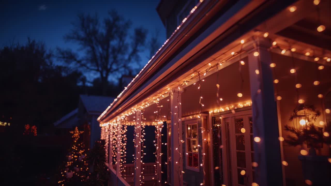 Showing string lights flickering on porch facade during early evening twilight, with lit evergreen