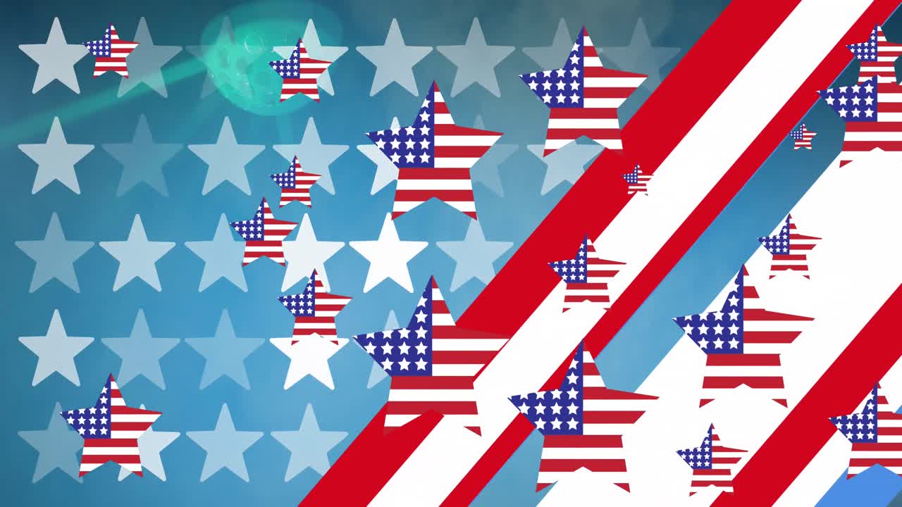 Animazione di stelle della bandiera americana e motivi a stelle e strisce rossi, bianchi e blu.