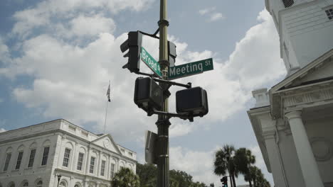 Broad-Meeting-Street-Post-In-Downtown-Charleston,-South-Carolina,-Dolly