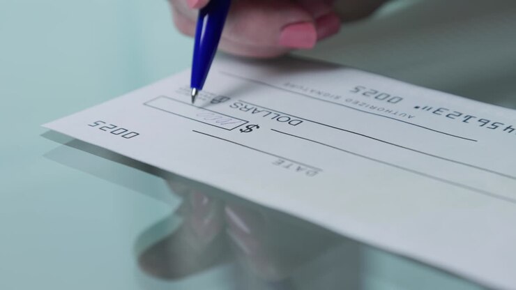donna d'affari firma e riempie un assegno bancario per mille e mille dollari