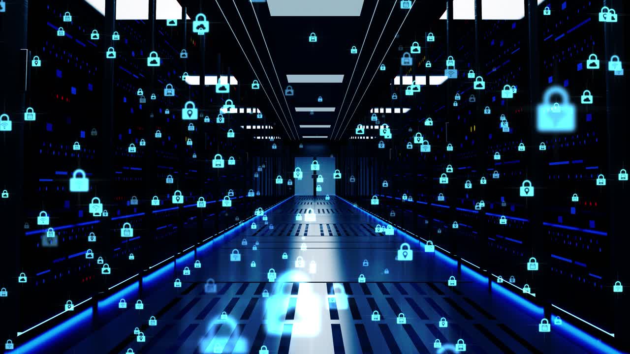 Digital data flow through rack servers tunnel in data center loop animation cyber security data