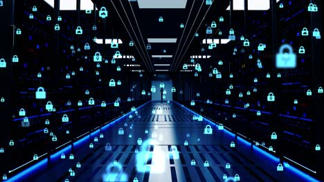 digital data flow through rack servers tunnel in data center loop animation cyber security data