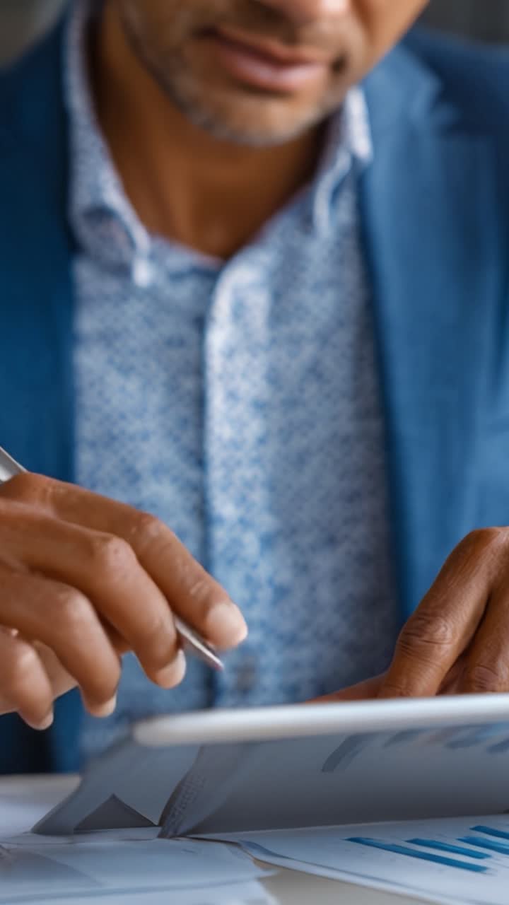 Profissional Focado Analisando Dados em Tablet com Caneta Enquanto Revisa Documentos Importantes e Faz Anotações para Melhor Produtividade e Tomada de Decisão