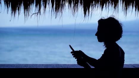 silhouette of young fit girl under thatch and using her laptop. beautiful female traveler is waiting for her friends for yacht cruise with turquoise ocean and clear blue sky in the background