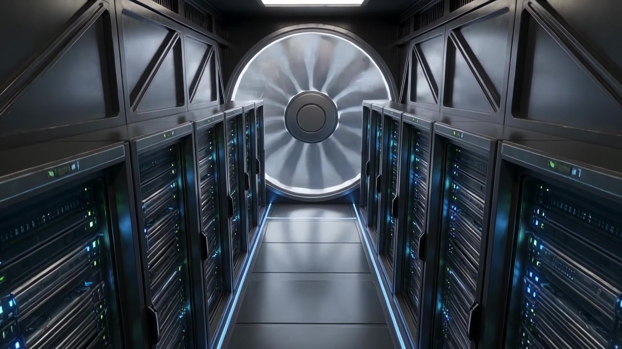 Et glidende kamera afslører en servergang, der bevæger sig mod en cirkulær turbine i et datacenter, med blå LED'er.