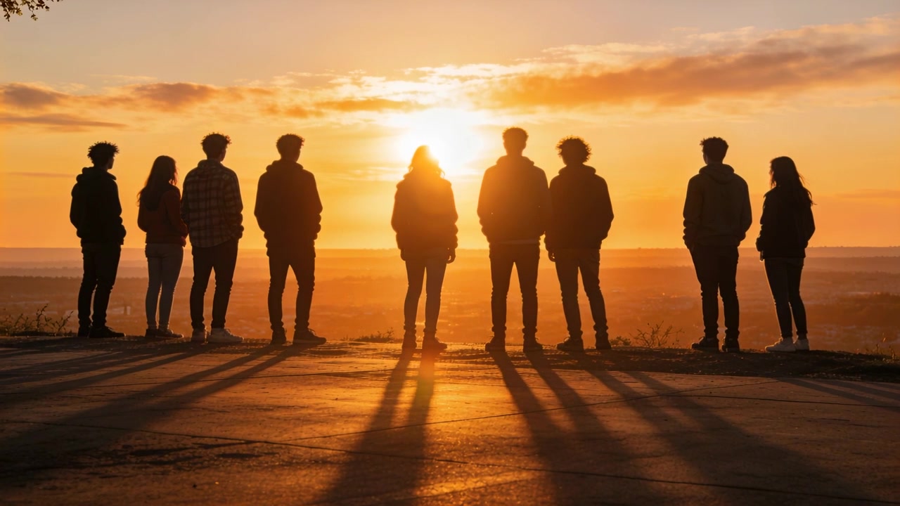 Solen går ned, og otte venner ser solnedgangen fra en brolagt udsigtspost, iført jakker, mens de kaster lange skygger.