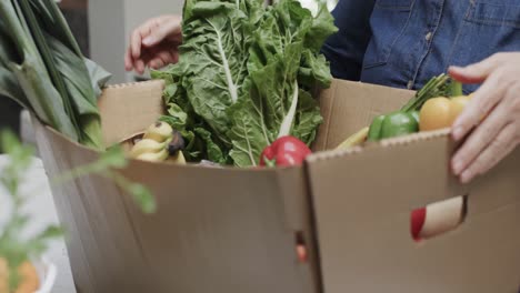 hands of senior caucasian woman unpacking box of vegetables and fruit in kitchen, slow motion