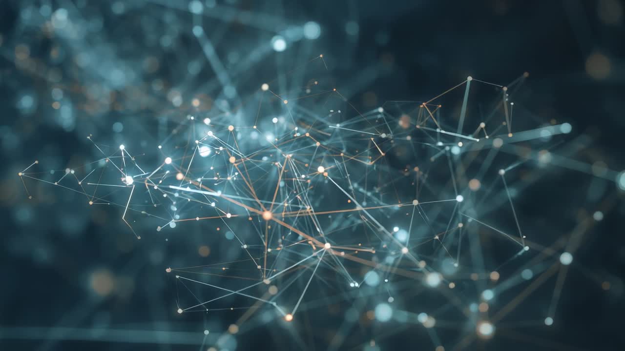 Drifting 3D network in teal space on play, rotating and approaching camera, showing glowing nodes