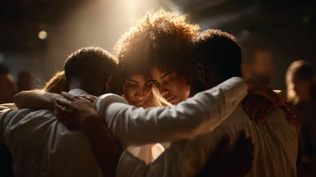 Legame emotivo in un momento di unità: quattro persone si abbracciano in un cerchio sentito, esprimendo intensi sentimenti di amore e supporto in un'atmosfera calda e luminosa