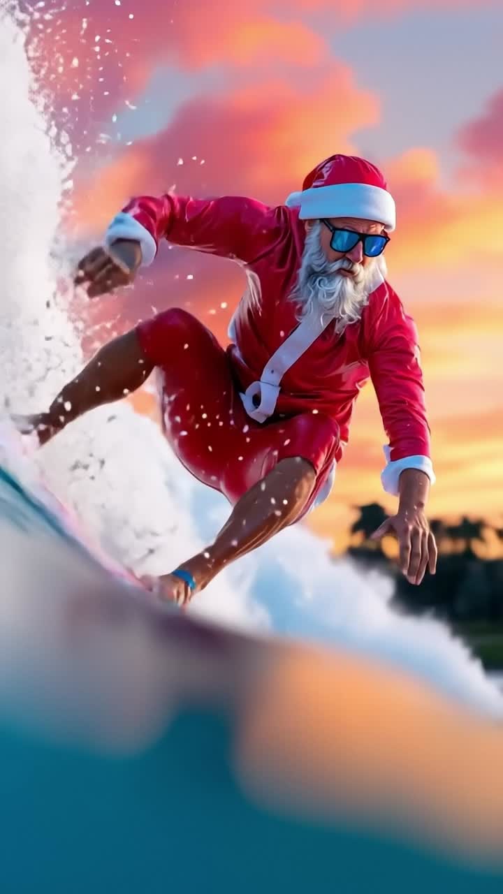 A man in a santa suit riding a surfboard on a wave