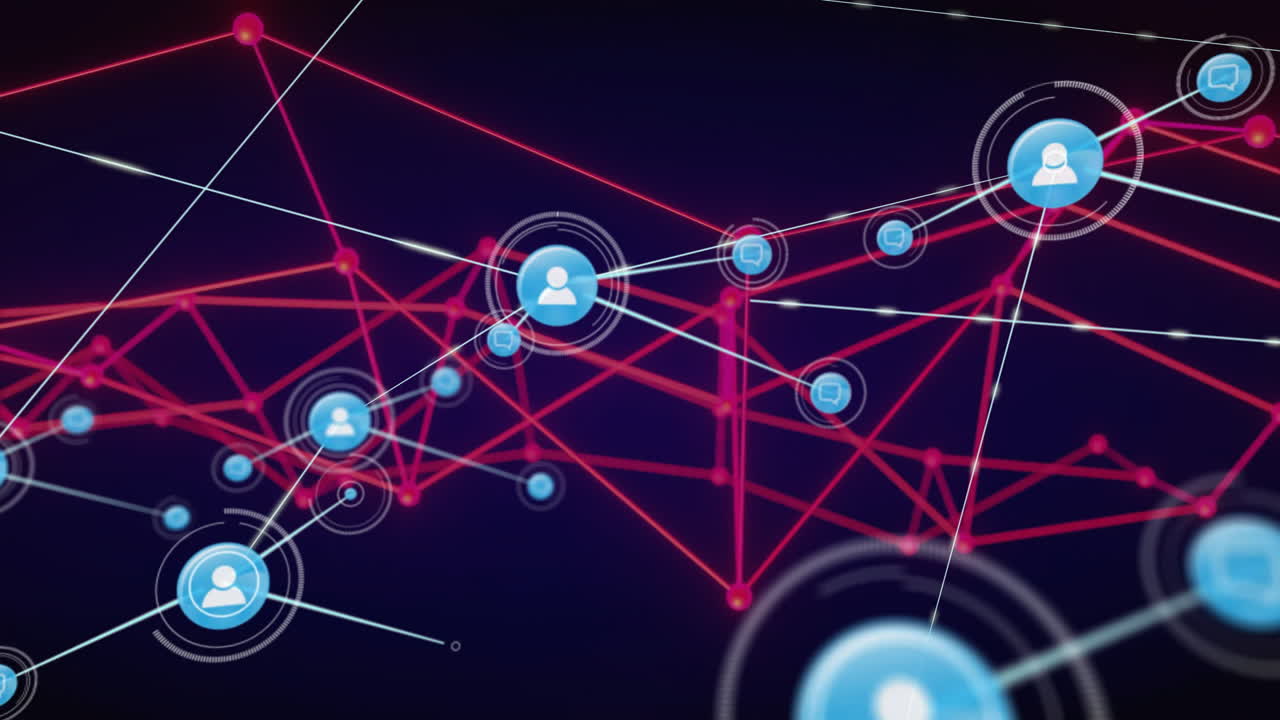 Animation of connected user icons over digital red and blue geometric lines