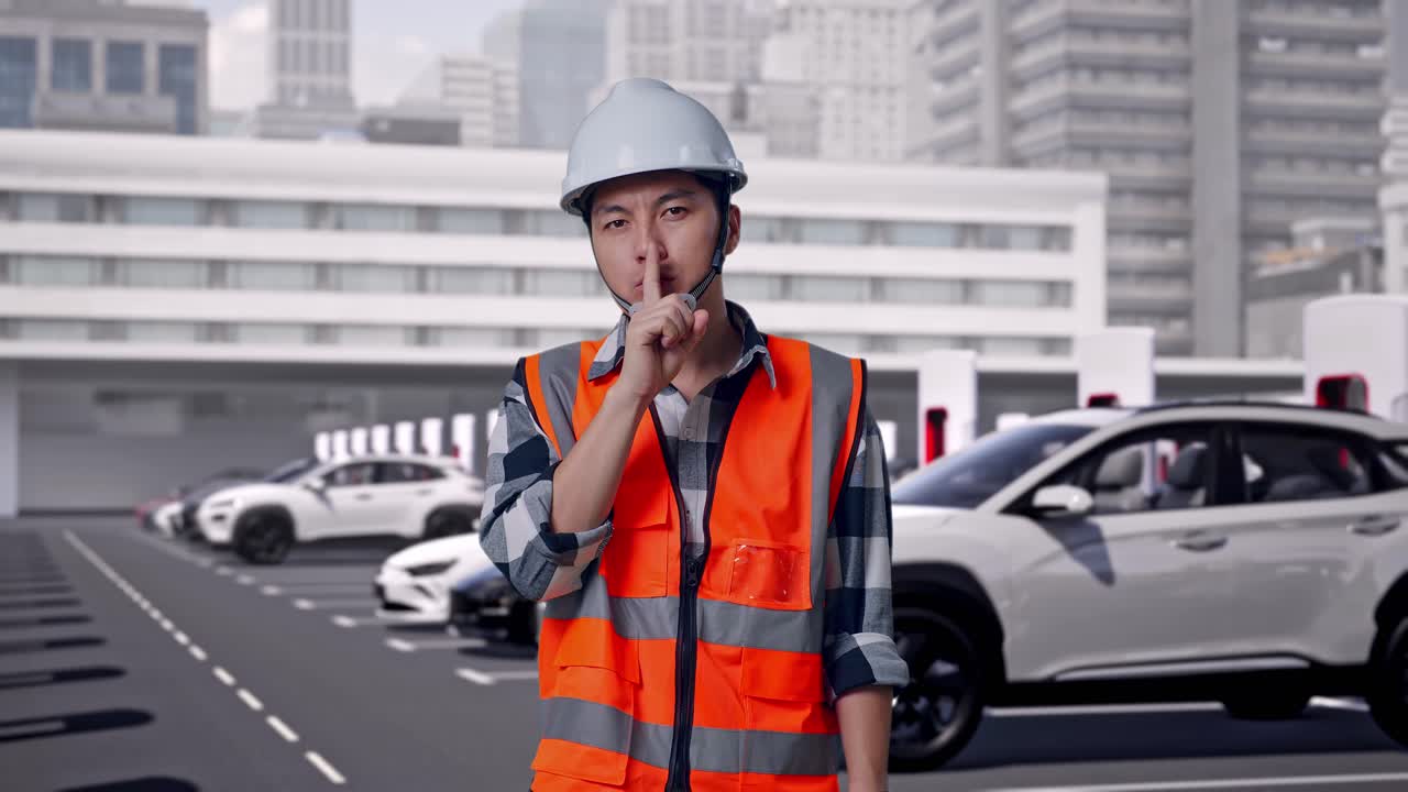 アジア人男性エンジニアが安全ヘルメットを着用し、立ちながら「シー」のジェスチャーをしている。近代的な都市の充電ステーションで電気自動車が充電中。