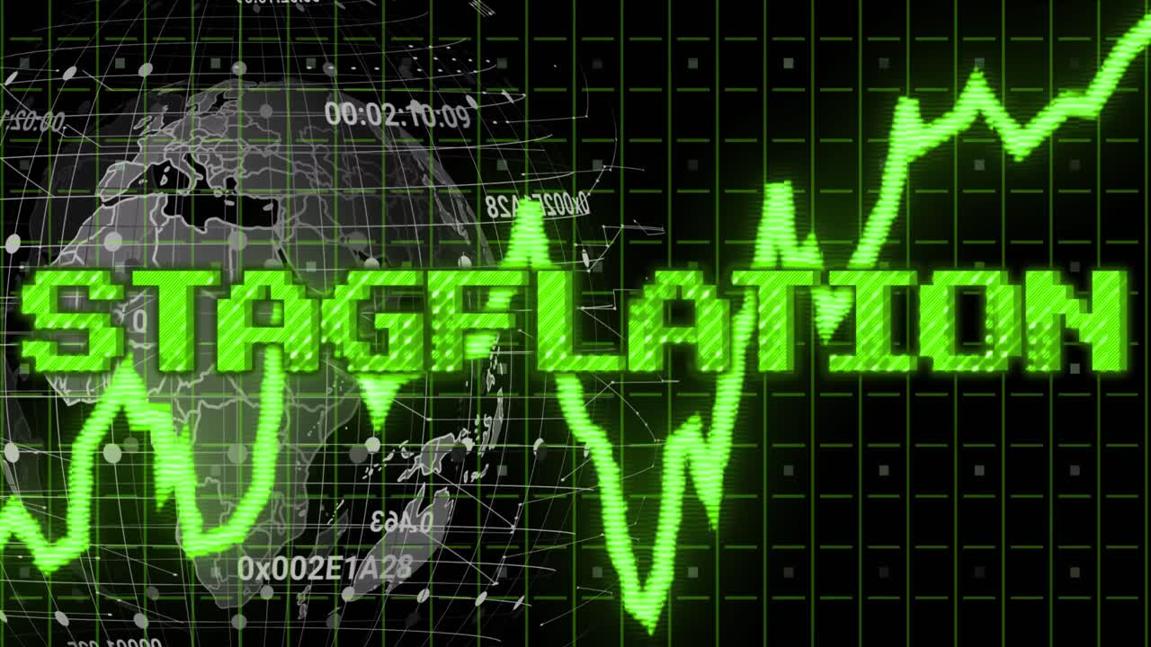 녹색 위에 녹색으로 stagflation 텍스트의 애니메이션, 그래프, 지구 및 처리 데이터