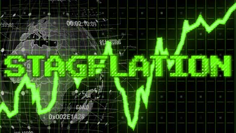 Animation-Von-Stagflationstext-In-Grün-über-Grünem-Diagramm,-Globus-Und-Verarbeitungsdaten