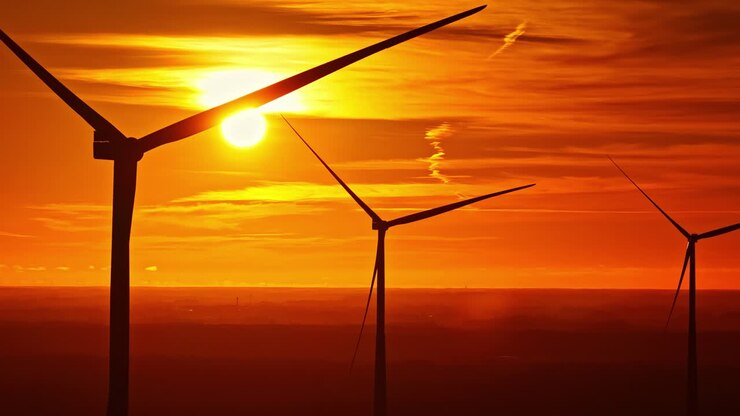 Parallax-Luftaufnahme von bewegungslosen Windkraftanlagen-Silhouetten, die an einem leuchtend orangefarbenen Sonnenaufgang und leuchtenden Wolken über der Landschaft Lettlands ausgerichtet sind