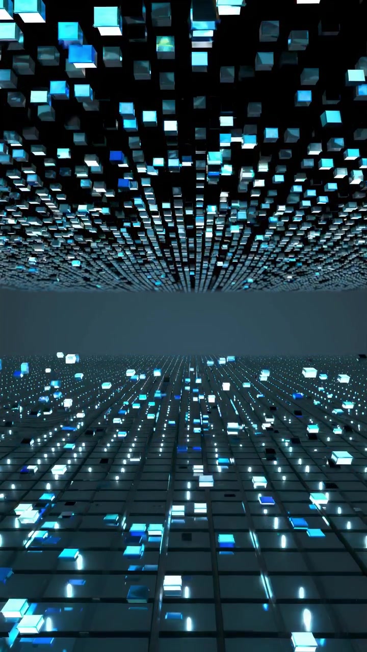 Dynamic Abstract Background with Blue Glowing Cubes and Digital Grid