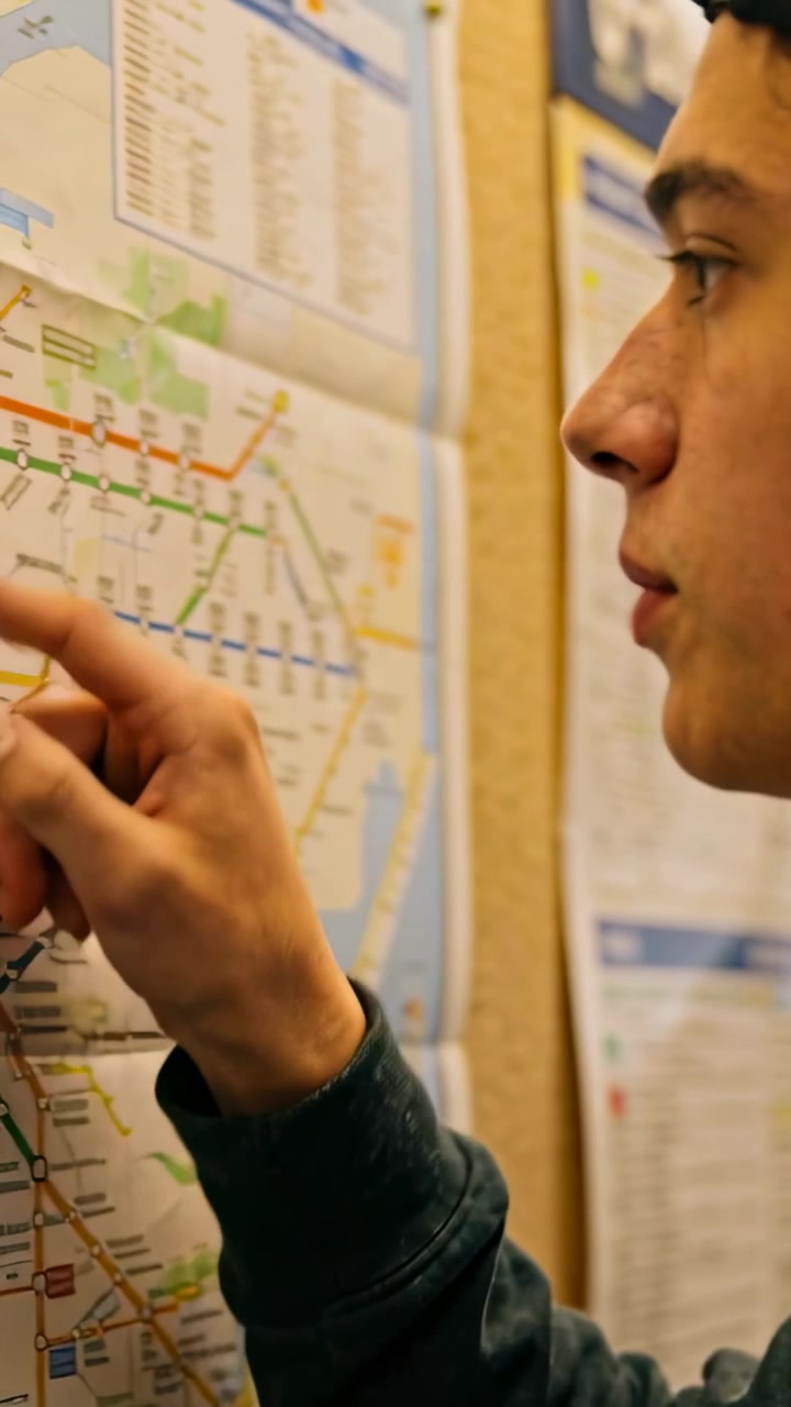 Vertical video: Walking teen in cap studying map on station board while pointing finger, copy space