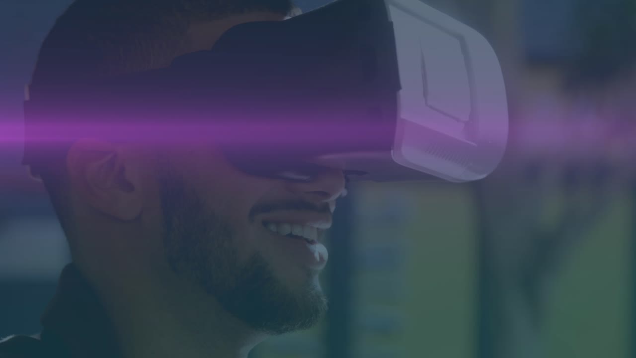 Animazione di scie luminose blu e rosa che si muovono su un uomo che indossa un visore VR