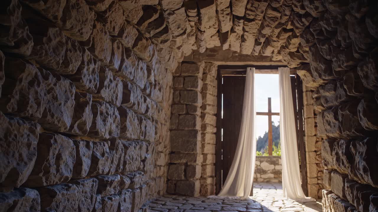 A low-angle video shot of a rustic stone corridor leading to a sunlit doorway with flowing curtains