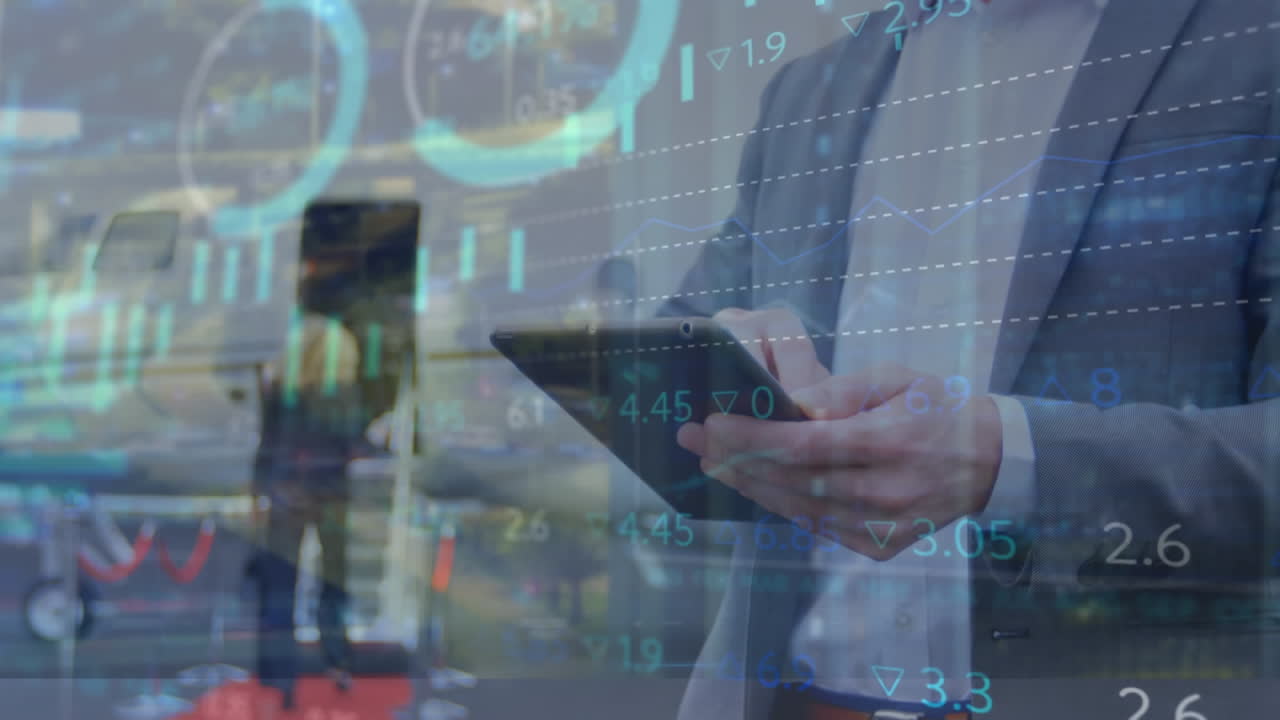 Animation of data processing over mid section of businessman using digital tablet at airport