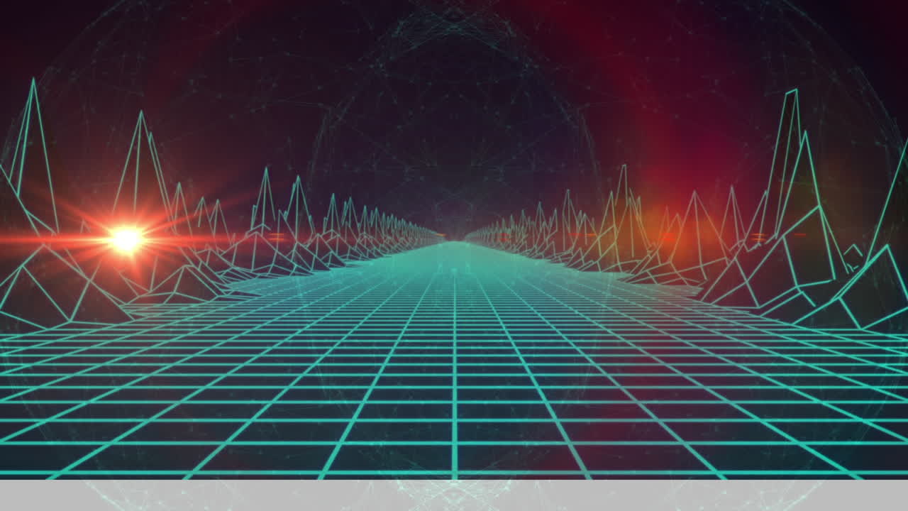 어두운 배경 위에 반이는 네온 기하학적 모양과 풍경의 애니메이션