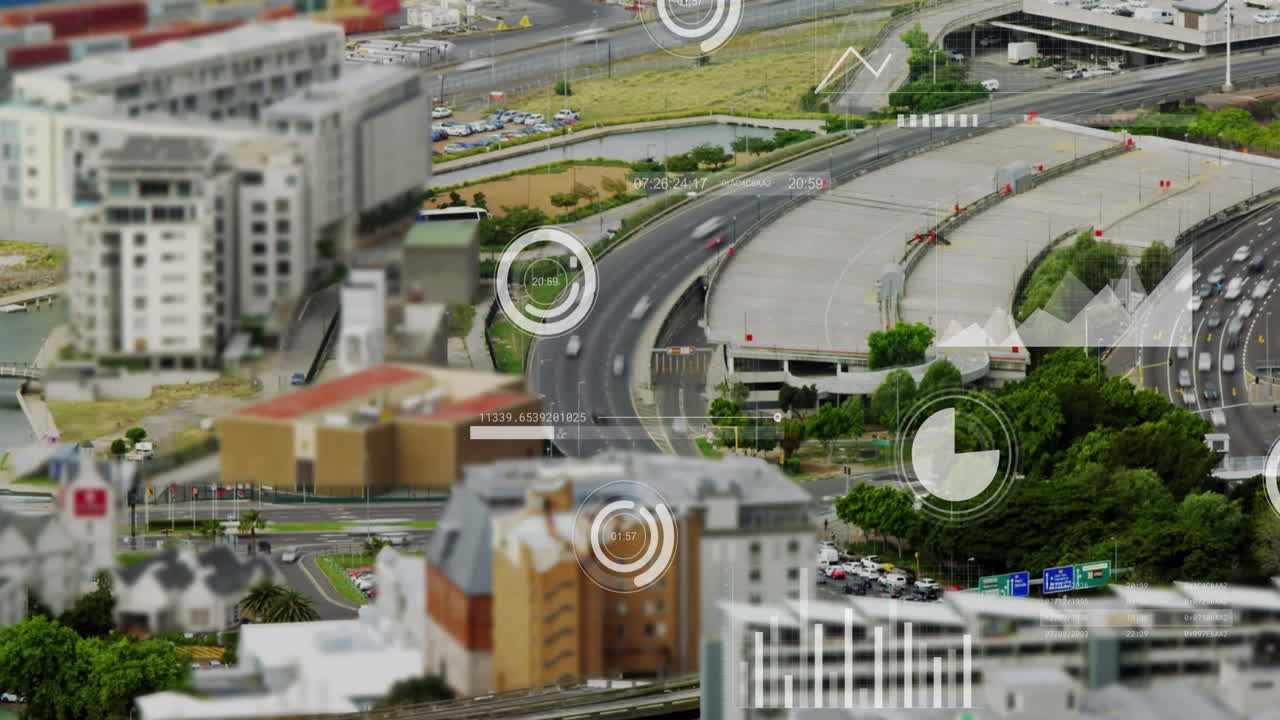 도시에서 이동하는 차량의 시간 간격에 따라 여러 그래프, 로딩 바 및 원의 애니메이션