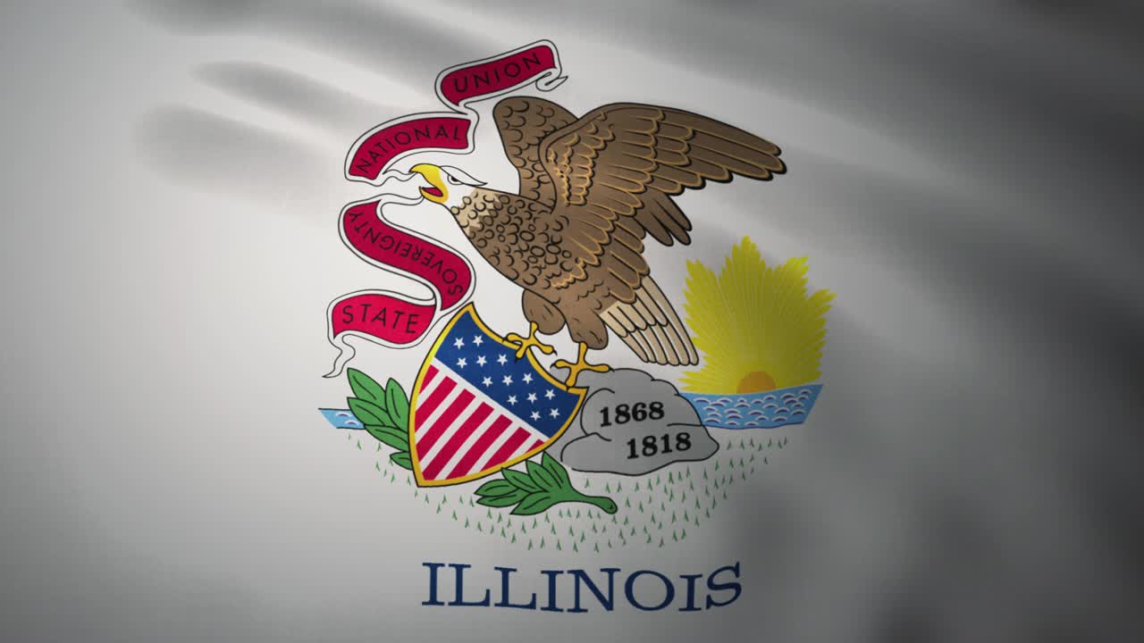 Waving flag of Illinois. Realistic close up slow motion 3D animation