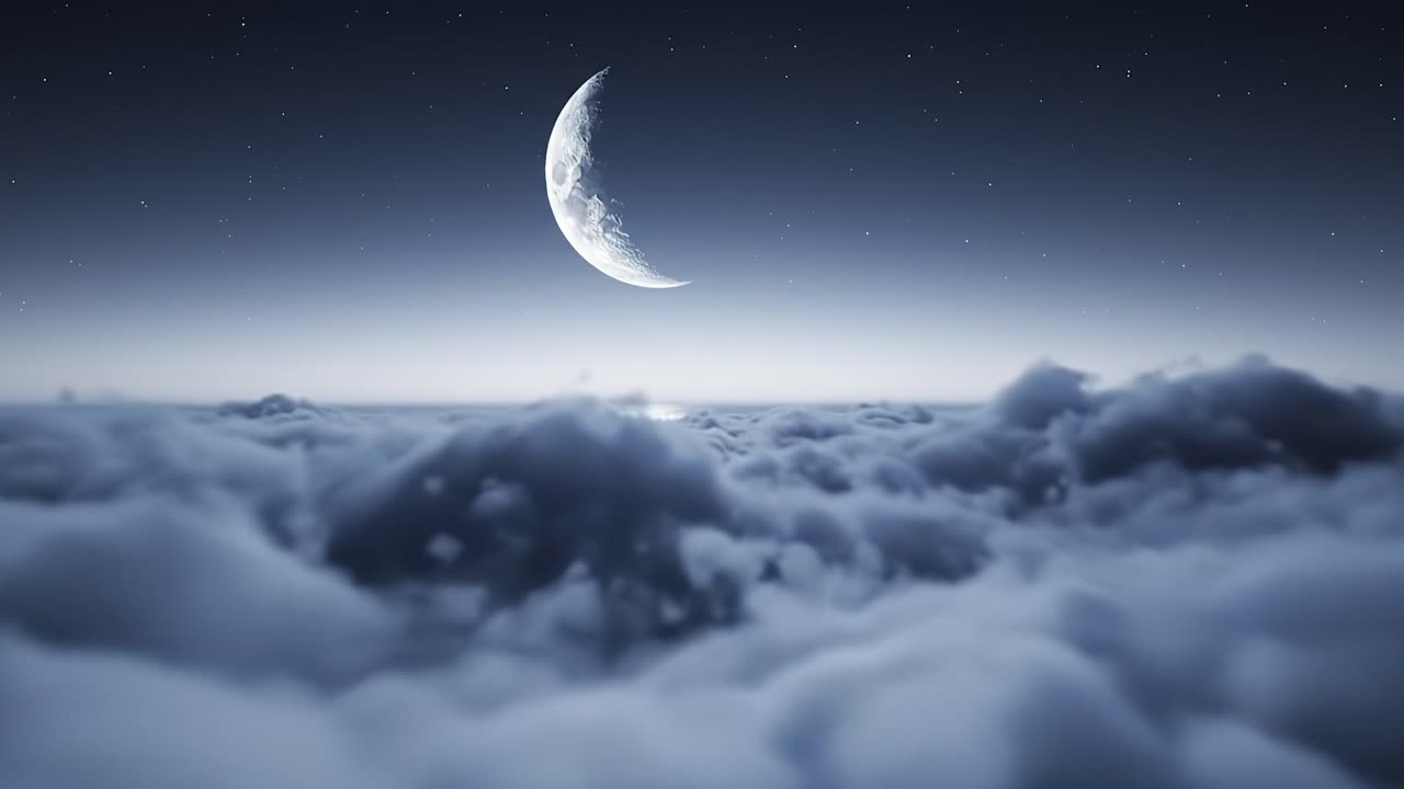 Um Céu Noturno Sereno: A Lua Crescente Ilumina um Mar de Nuvens Sob uma Atmosfera Estrelada, Criando uma Paisagem Onírica de Tranquilidade e Beleza