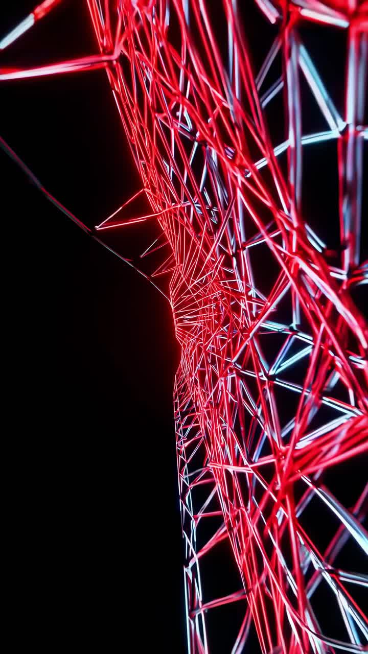 Geometric red and white laser beams intersecting, rotating through dark space, generating tunnel like optical illusion with dynamic symmetrical design