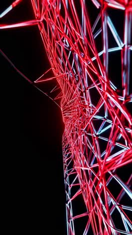 geometric red and white laser beams intersecting, rotating through dark space, generating tunnel like optical illusion with dynamic symmetrical design