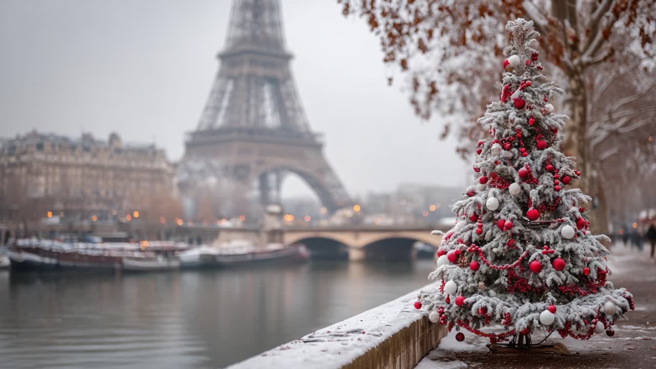 Una scena invernale festiva con un albero di Natale decorato con cura e ornato di decorazioni rosse davanti all'iconica Torre Eiffel e a un paesaggio innevato