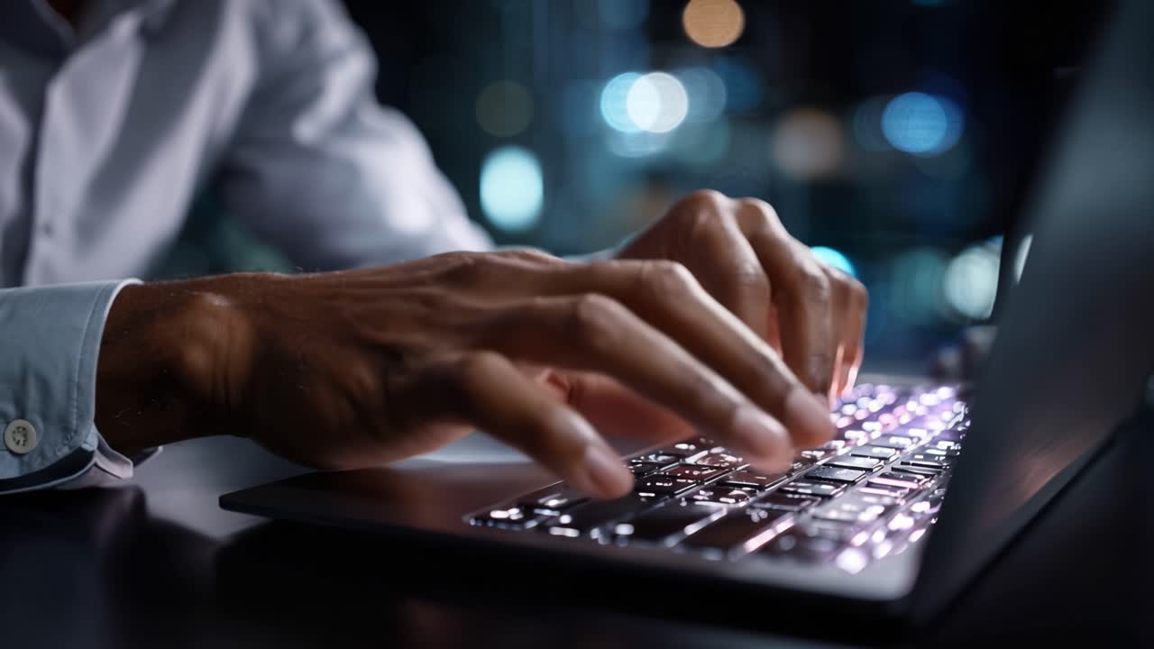 Typing Hands on Laptop at Night with Backlit Keyboard Illuminating the Dark Environment Capturing the Essence of Focused Work in a Modern Setting