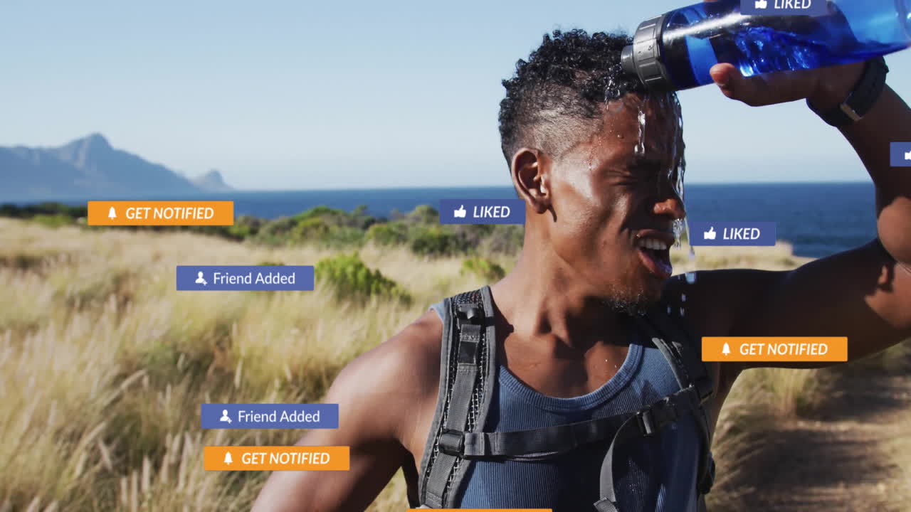 Hiking in nature, man receiving animation of social media notifications on screen