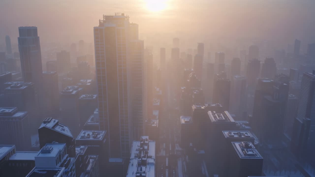 Cityscape shrouded in fog at sunrise