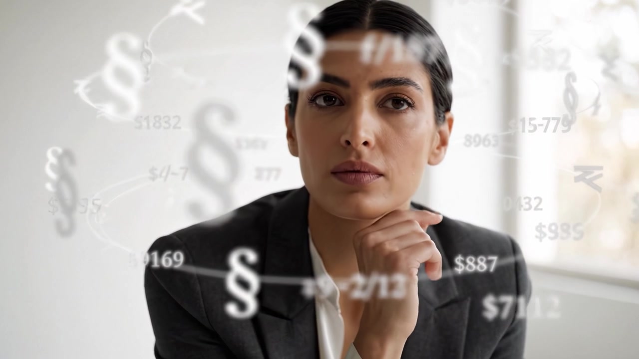 Una donna d'affari contemplativa riflette sulle decisioni con un'espressione pensierosa, mettendo in mostra professionalità e concentrazione in un moderno ambiente d'ufficio