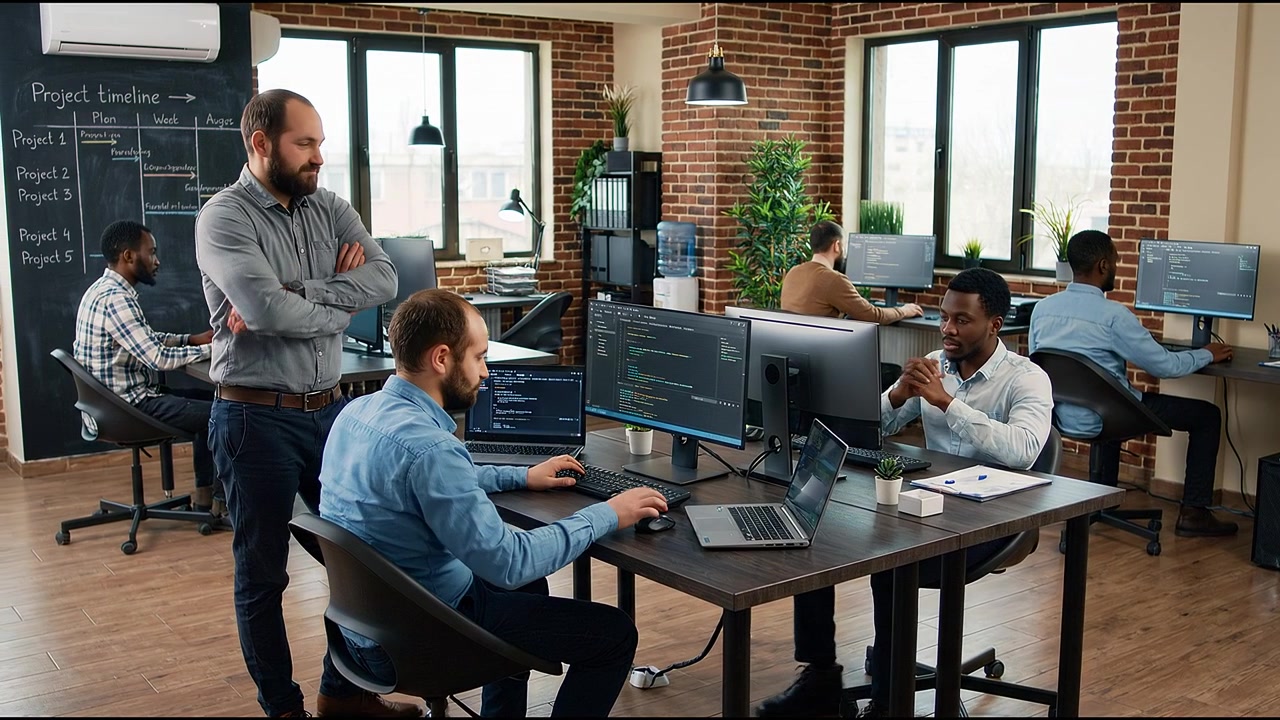 Team members collaborating around conference table during technology focused office meeting