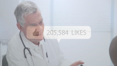 animation of likes growing number over caucasian male doctor and patient using tablet