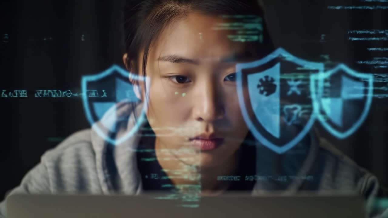 A Focused Cybersecurity Specialist Analyzing Data on a Computer with Overlay Graphics Depicting Shield Icons and Code Streams in a Dark Setting