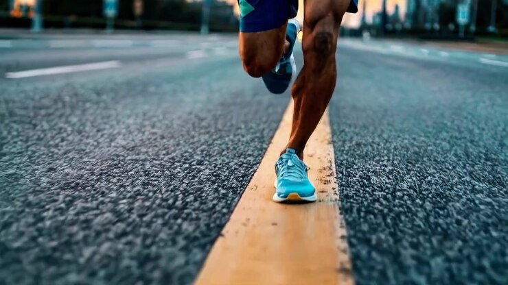 Primo piano delle gambe di un corridore che fa jogging su una strada asfaltata