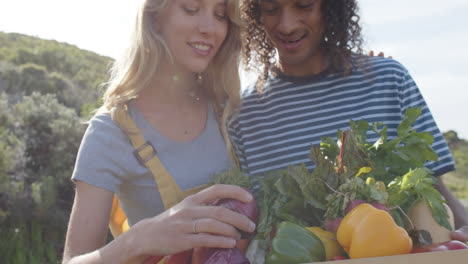 Portrait-of-happy-diverse-couple-holding-basket-of-fresh-vegetables-in-garden,-slow-motion