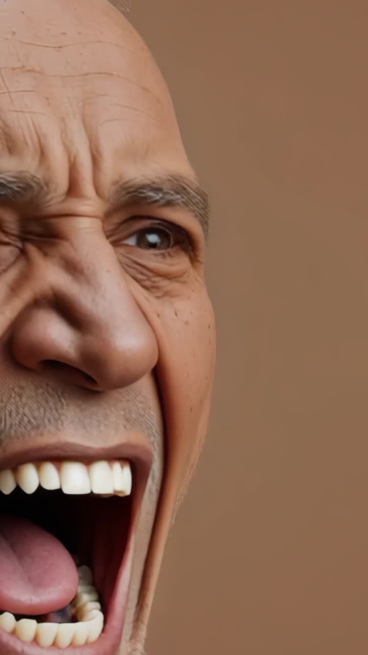 Vertical video: Man furrowing brows widening eyes launching shouting in studio, showing tension