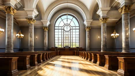 a large empty courtroom with wooden pews and arched windows