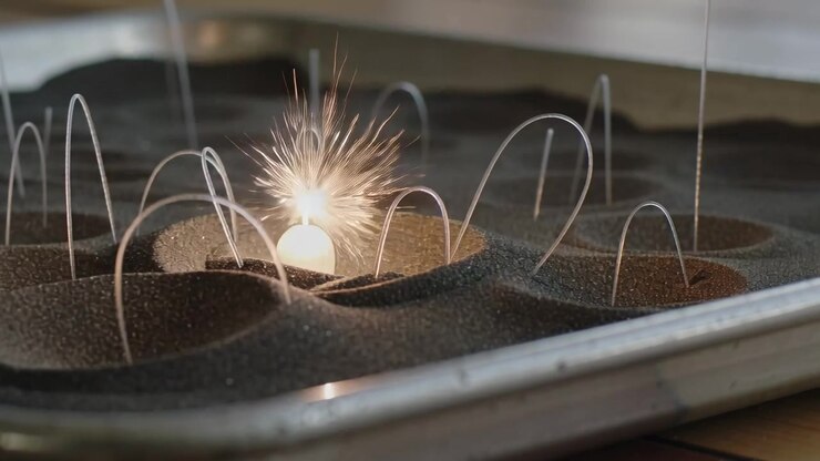 Sparking glowing white bulb sending embers across tray on bench, testing wire arches and black grit