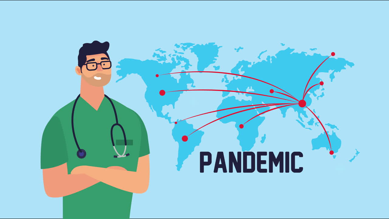 doctor with covid19 particles and earth planet