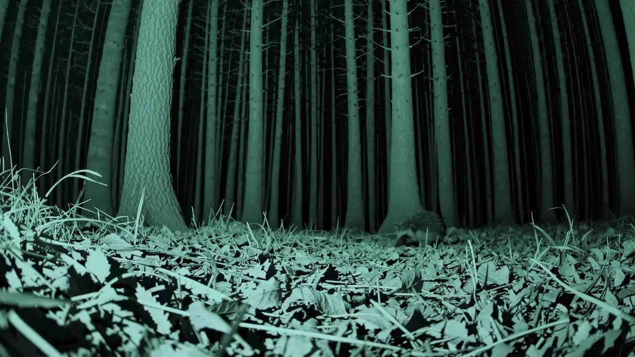 Night vision video style of a hedgehog in a forest, captured from a low-angle, emphasizing the tall
