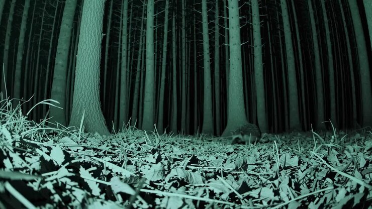 Night vision video style of a hedgehog in a forest, captured from a low-angle, emphasizing the tall