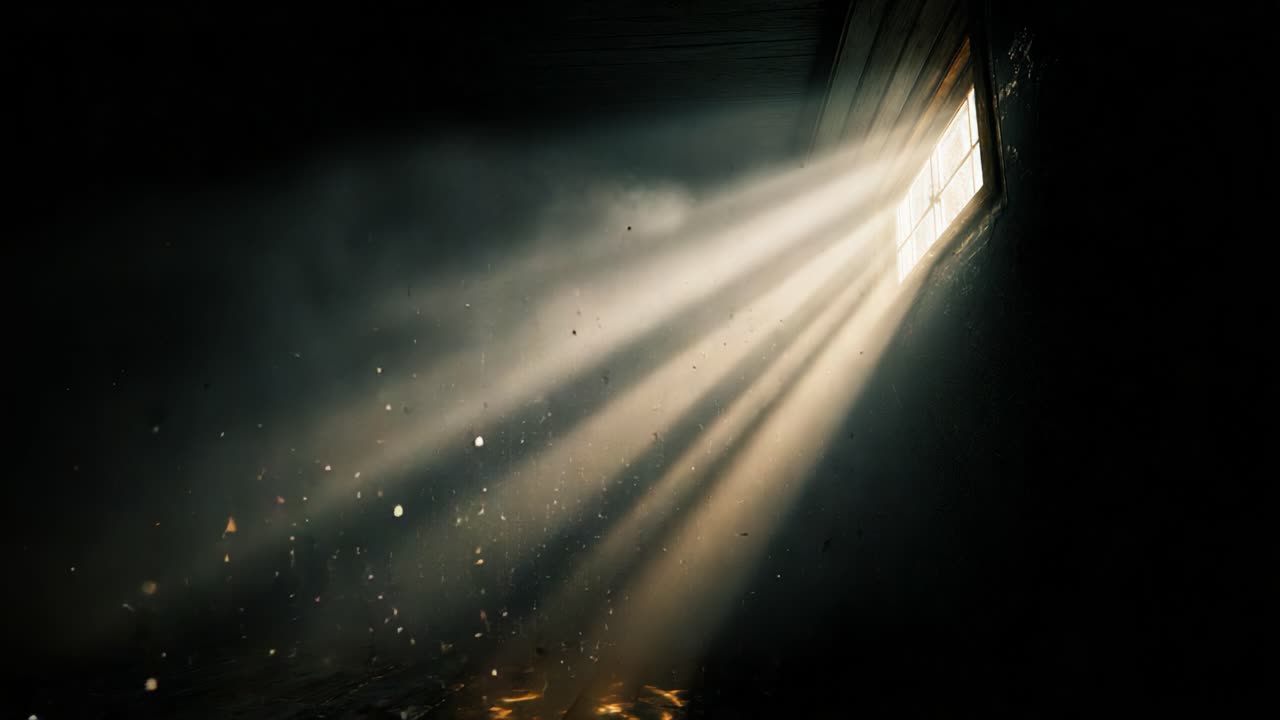 Mysterious Light Streaming Through a Dusty Window, Creating a Breathtaking Atmosphere of Serenity and Intrigue in an Enclosed Space With Dark Surroundings