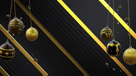 swinging black and gold christmas baubles and stars over gold diagonal lines on black background