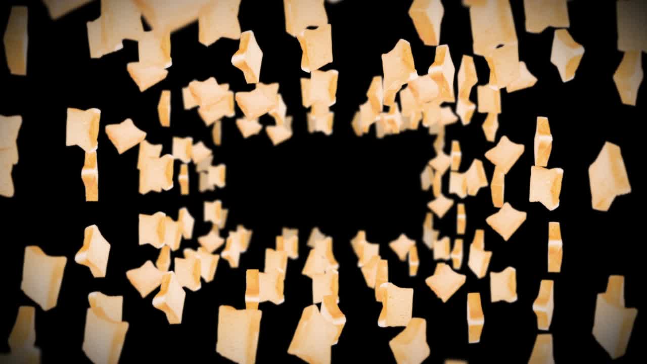 검은색 바탕에 많은 평평한  조각을 날아. 식품, 음식 및 먹는 개념. 밀 조각의 3d 애니메이션 회전. 루프 애니메이션.