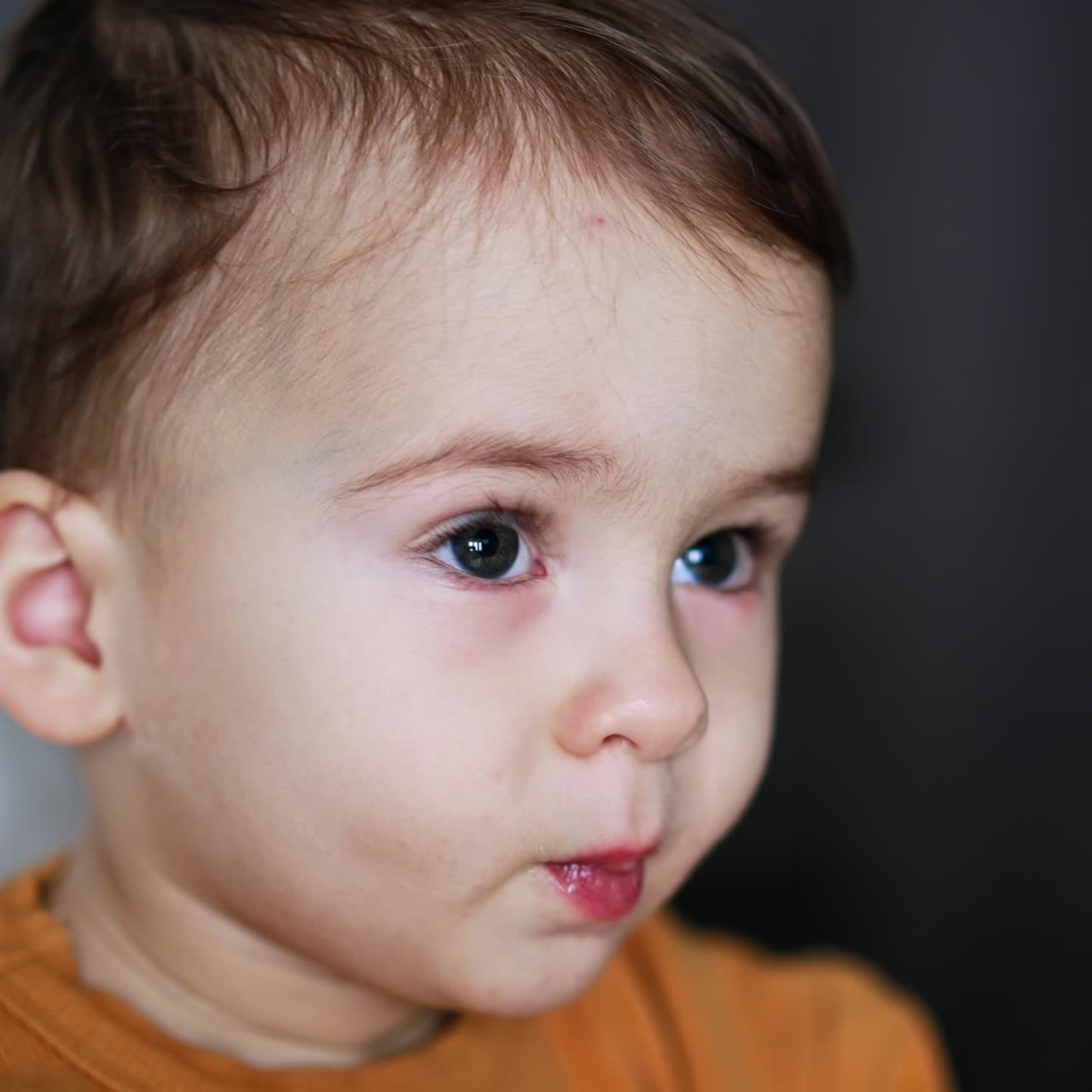One year old Caucasian toddler's face during the feeding time. Boy looks attentively aside and then takes his hand into mouth. Close up